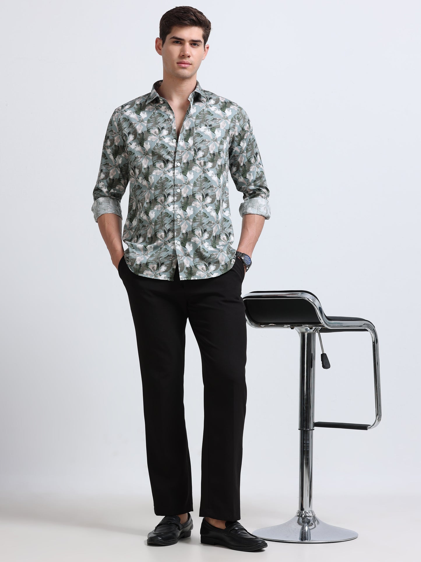 Green Print Full Sleeve Cotton Shirt