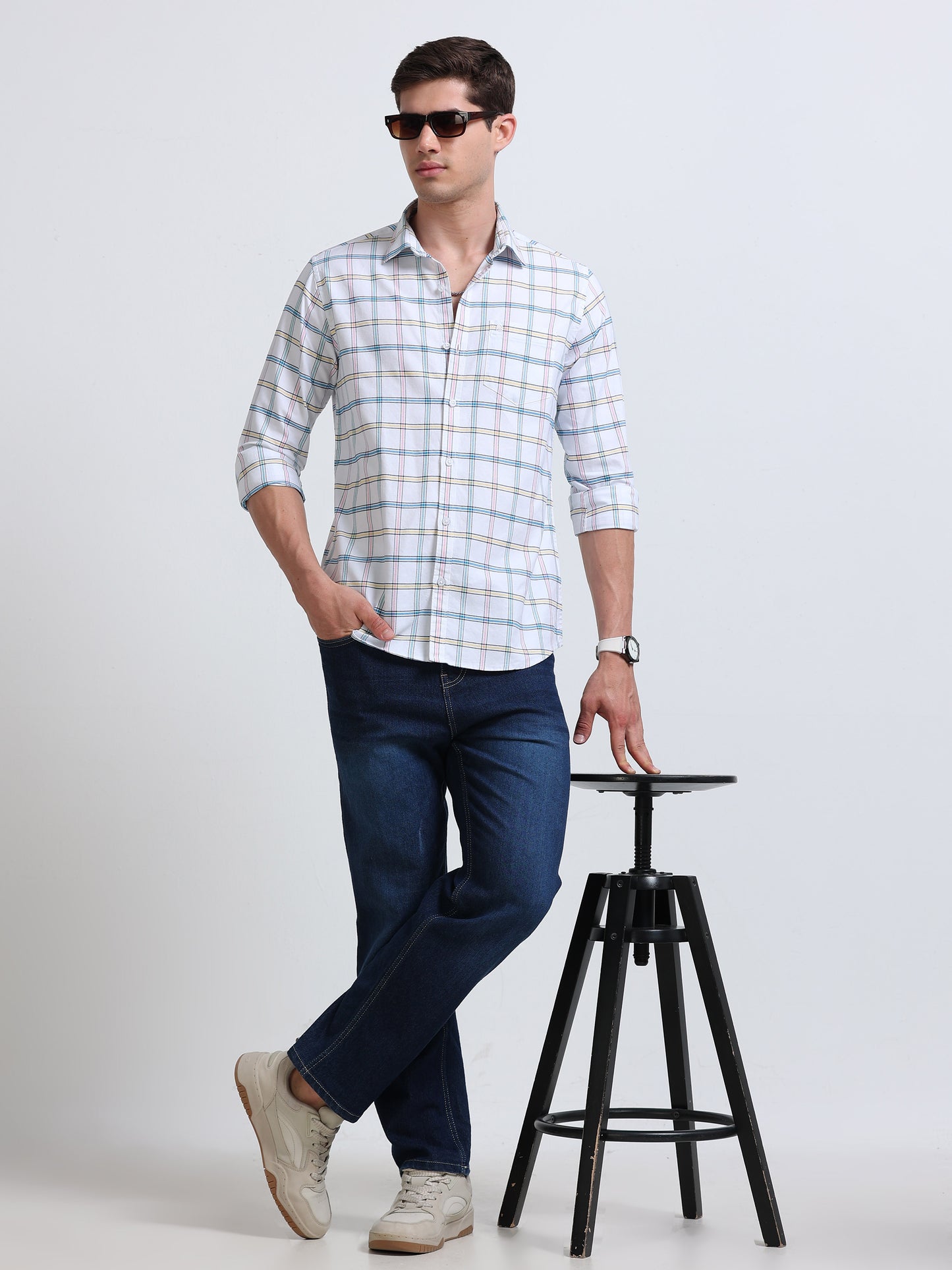 White Multi-Check Full Sleeve Cotton Shirt