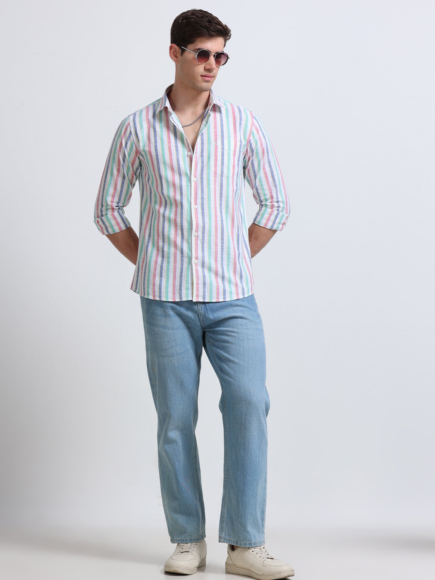 White Red and Green Vertical Stripe Full Sleeve Cotton Shirt