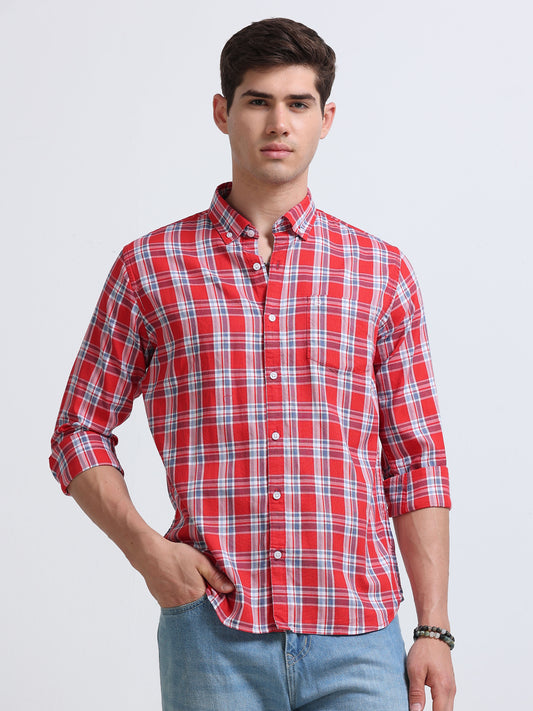 Red Multicolor Large Check Full Sleeve Cotton Shirt
