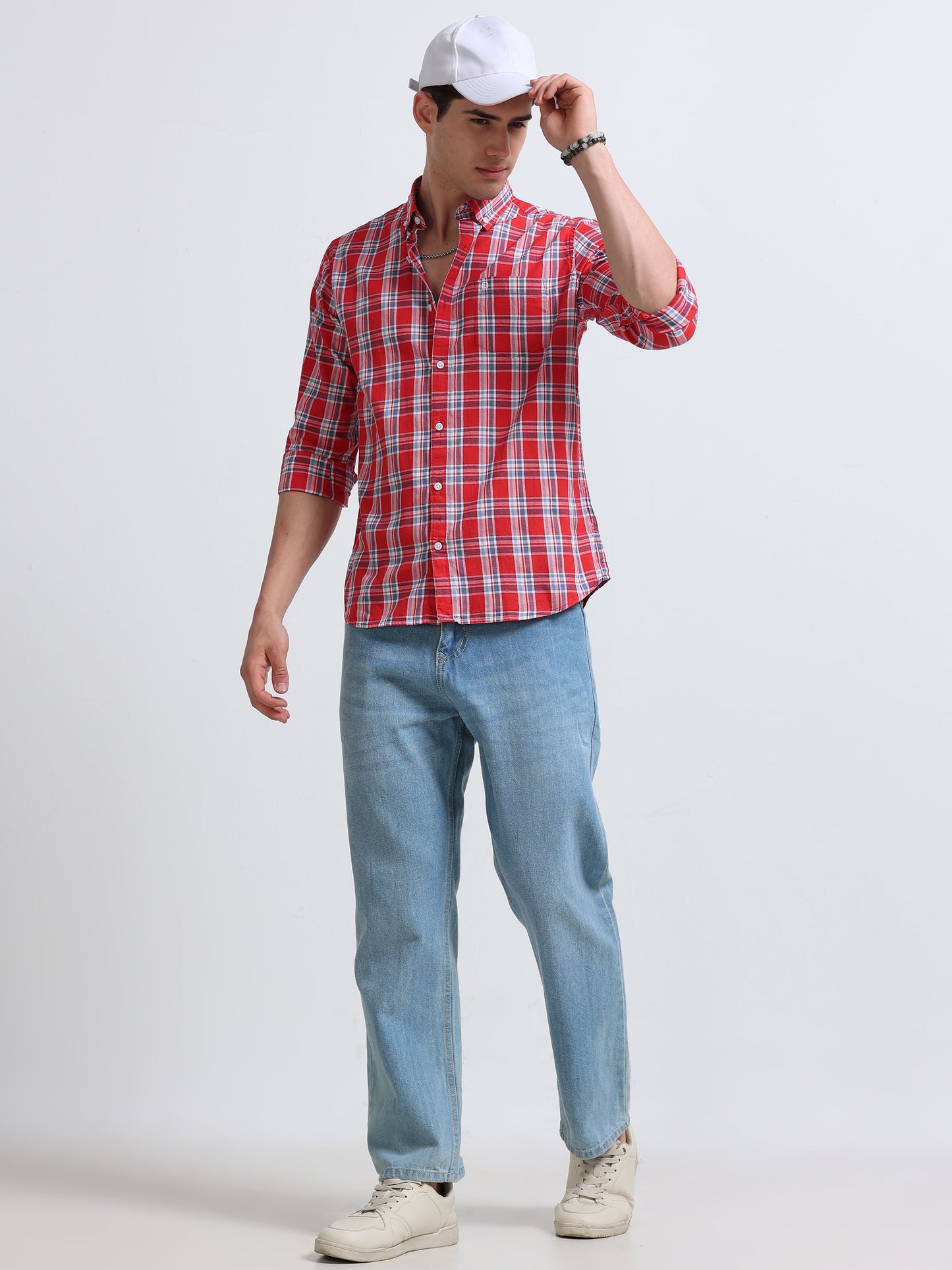 Red Multicolor Large Check Full Sleeve Cotton Shirt