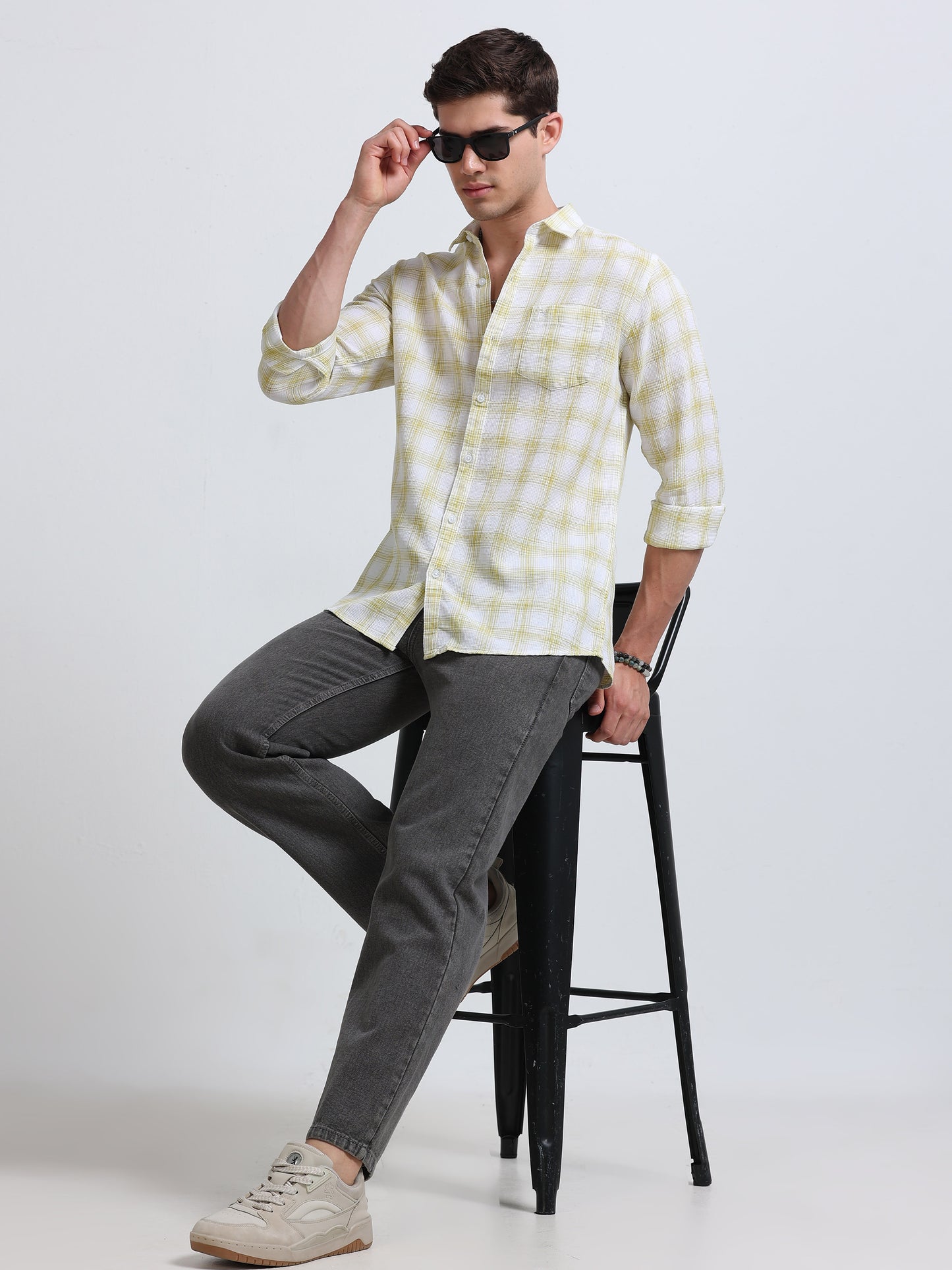 White Olive Green Sketch Check Full Sleeve Cotton Shirt