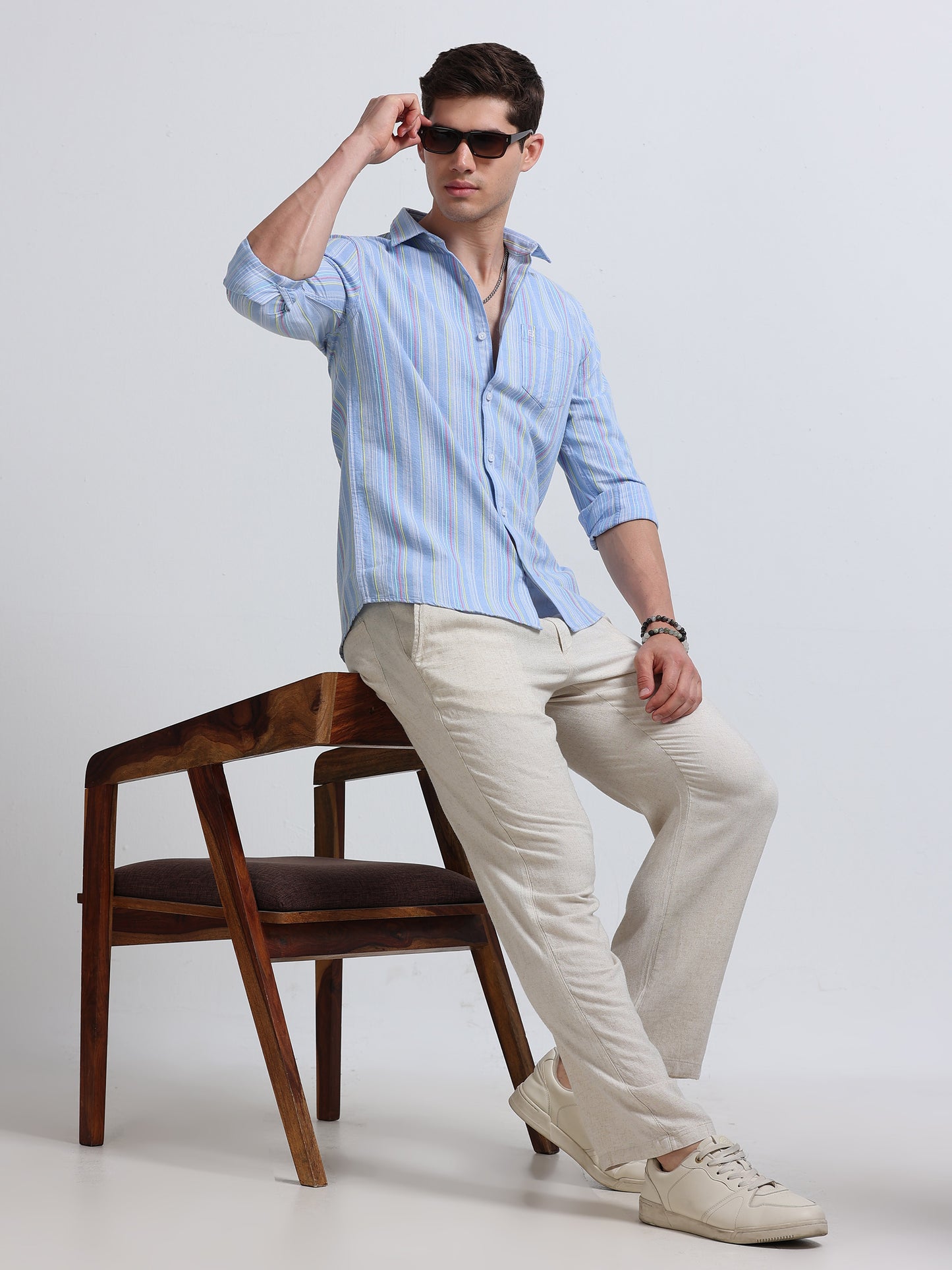 Sky Blue Vertical Stripe Full Sleeve Cotton Shirt