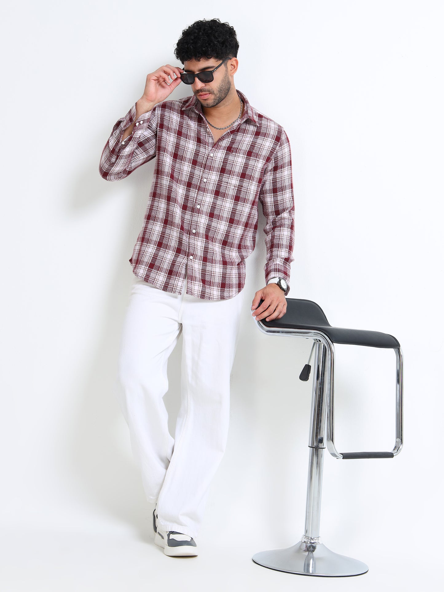 Cherry Moss Checks Cotton Blend Shirt