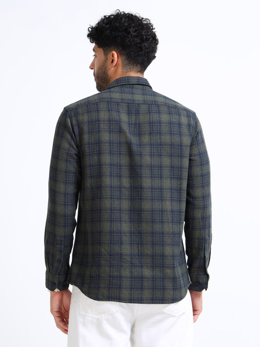 Olive Moss Checks Cotton Blend Shirt