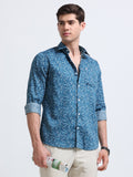Teal Blue Paisley Print Full Sleeve Cotton Shirt