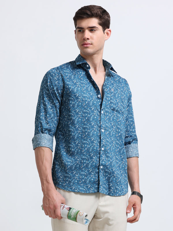Teal Blue Paisley Print Full Sleeve Cotton Shirt