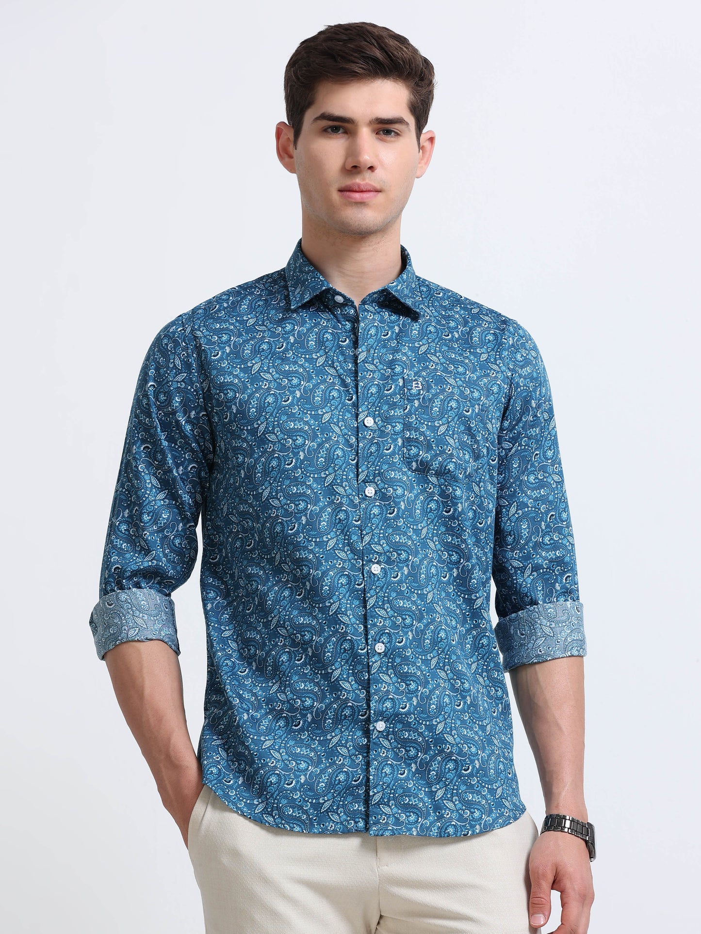 Teal Blue Paisley Print Full Sleeve Cotton Shirt