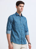 Teal Blue Paisley Print Full Sleeve Cotton Shirt