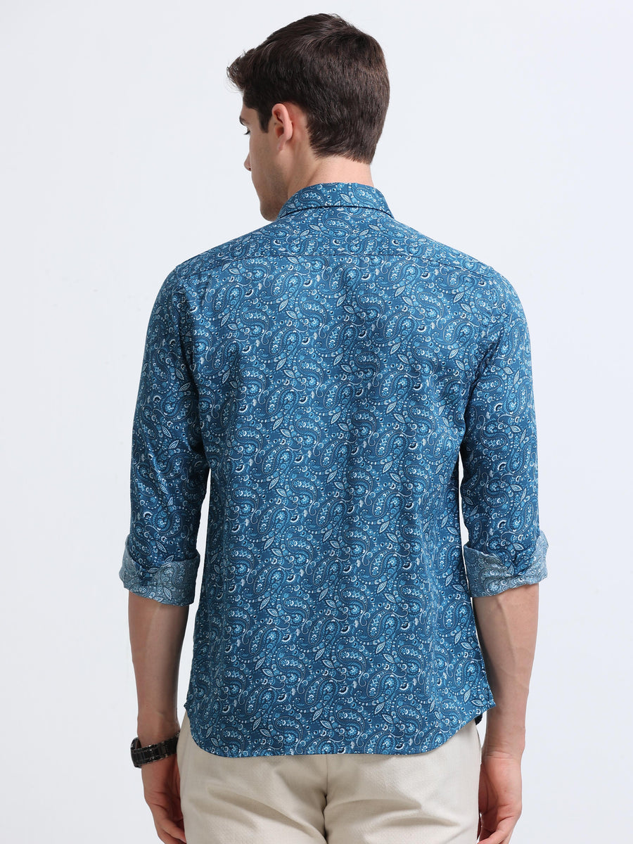 Teal Blue Paisley Print Full Sleeve Cotton Shirt
