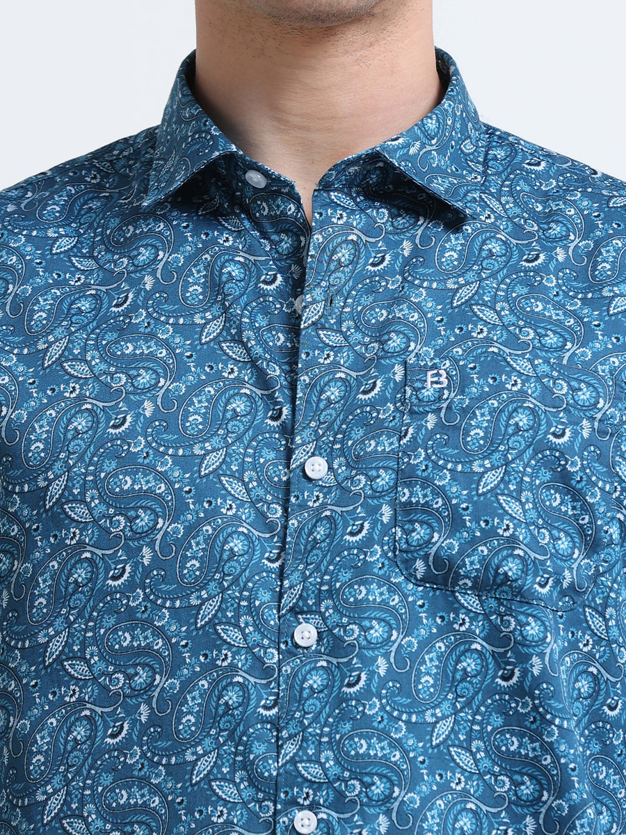 Teal Blue Paisley Print Full Sleeve Cotton Shirt