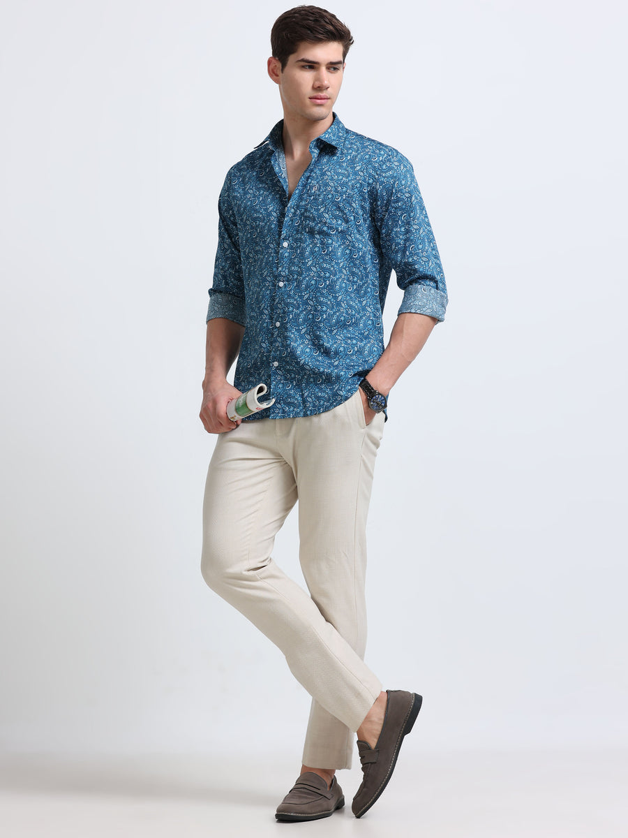 Teal Blue Paisley Print Full Sleeve Cotton Shirt