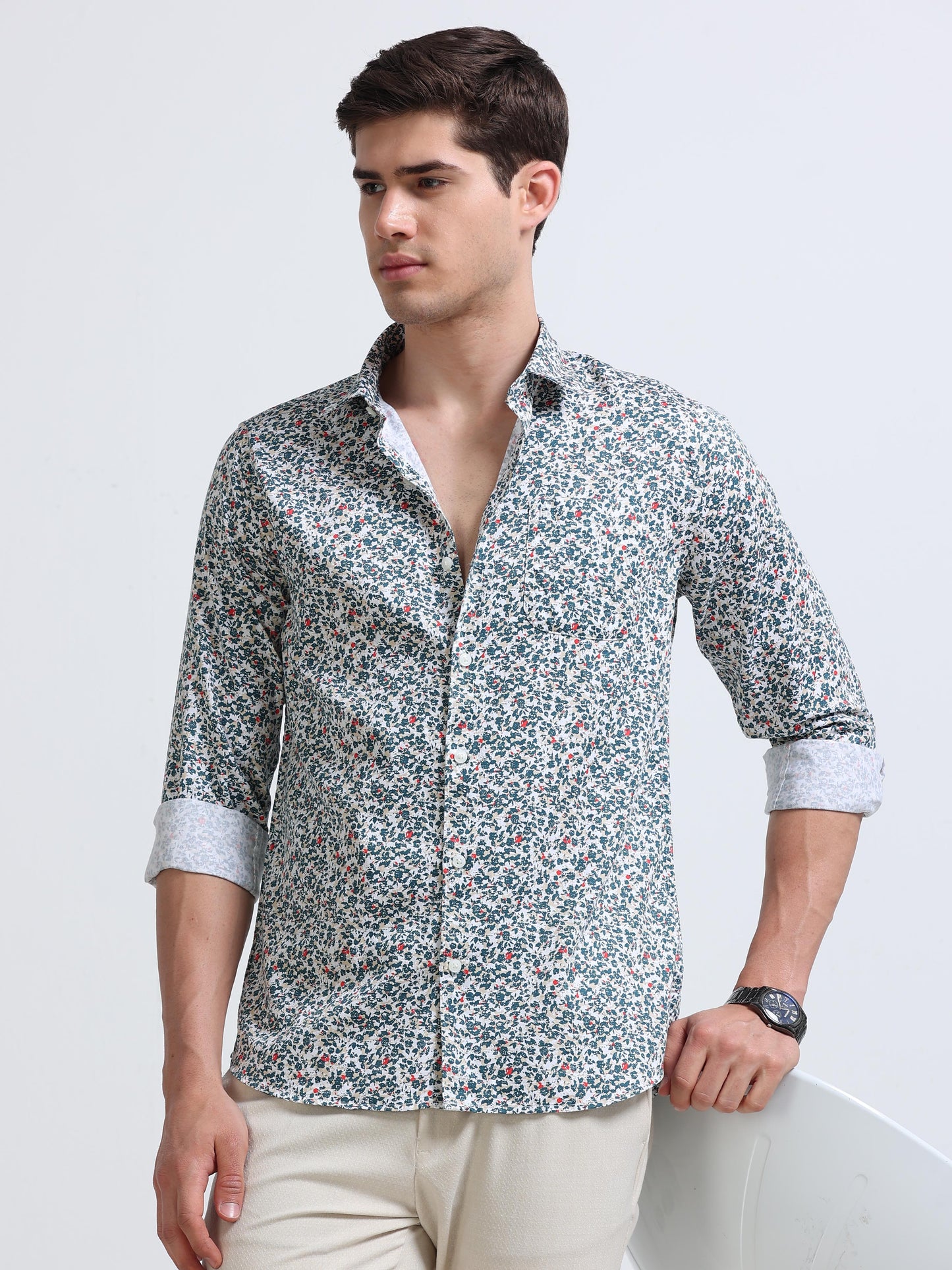 White Ditsy Floral Print Full Sleeve Cotton Shirt