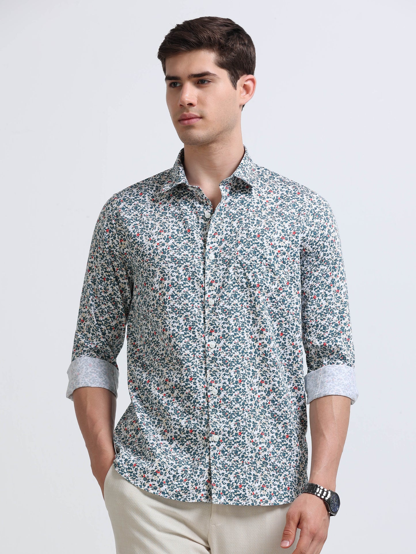 White Ditsy Floral Print Full Sleeve Cotton Shirt