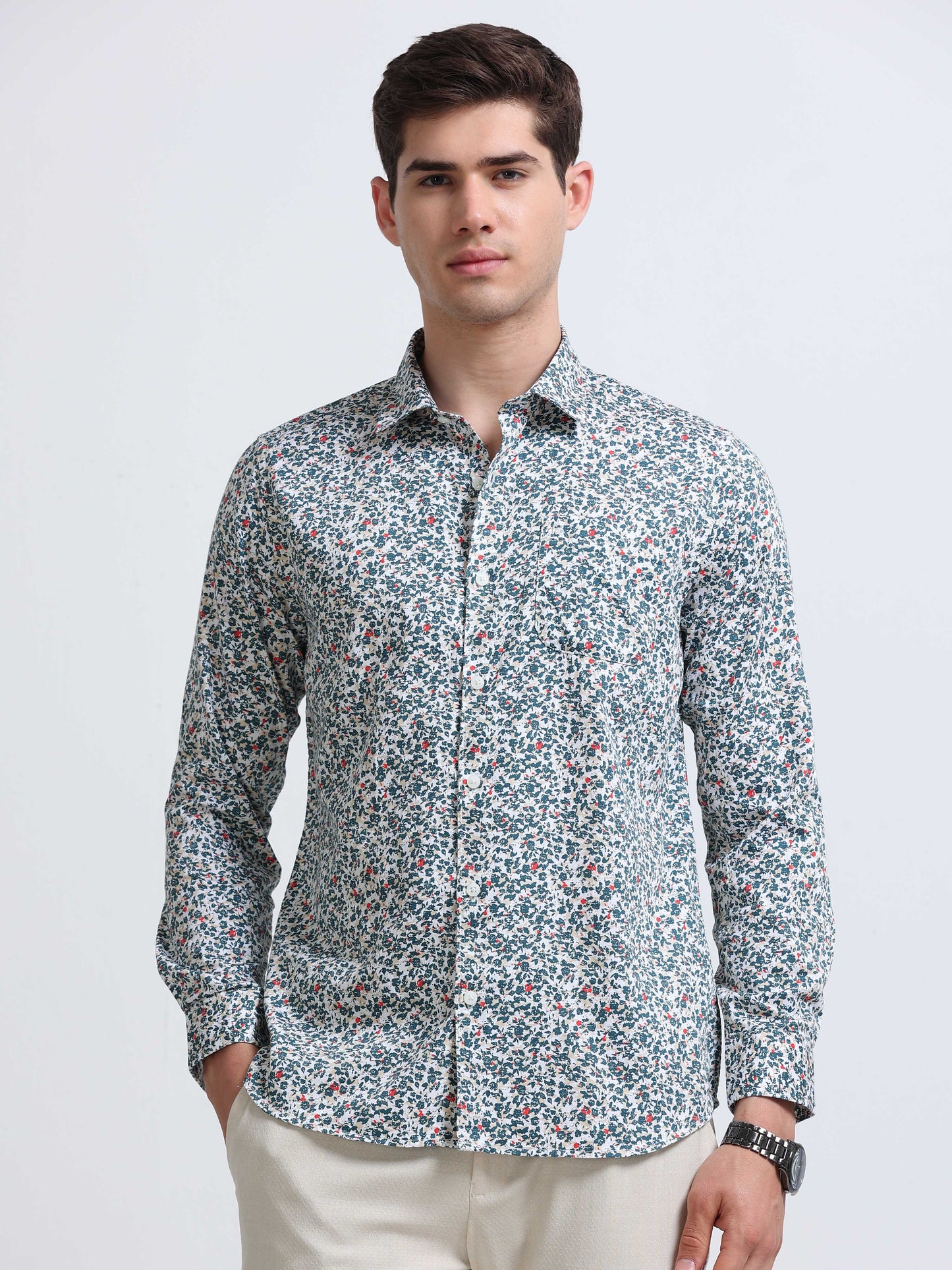 White Ditsy Floral Print Full Sleeve Cotton Shirt