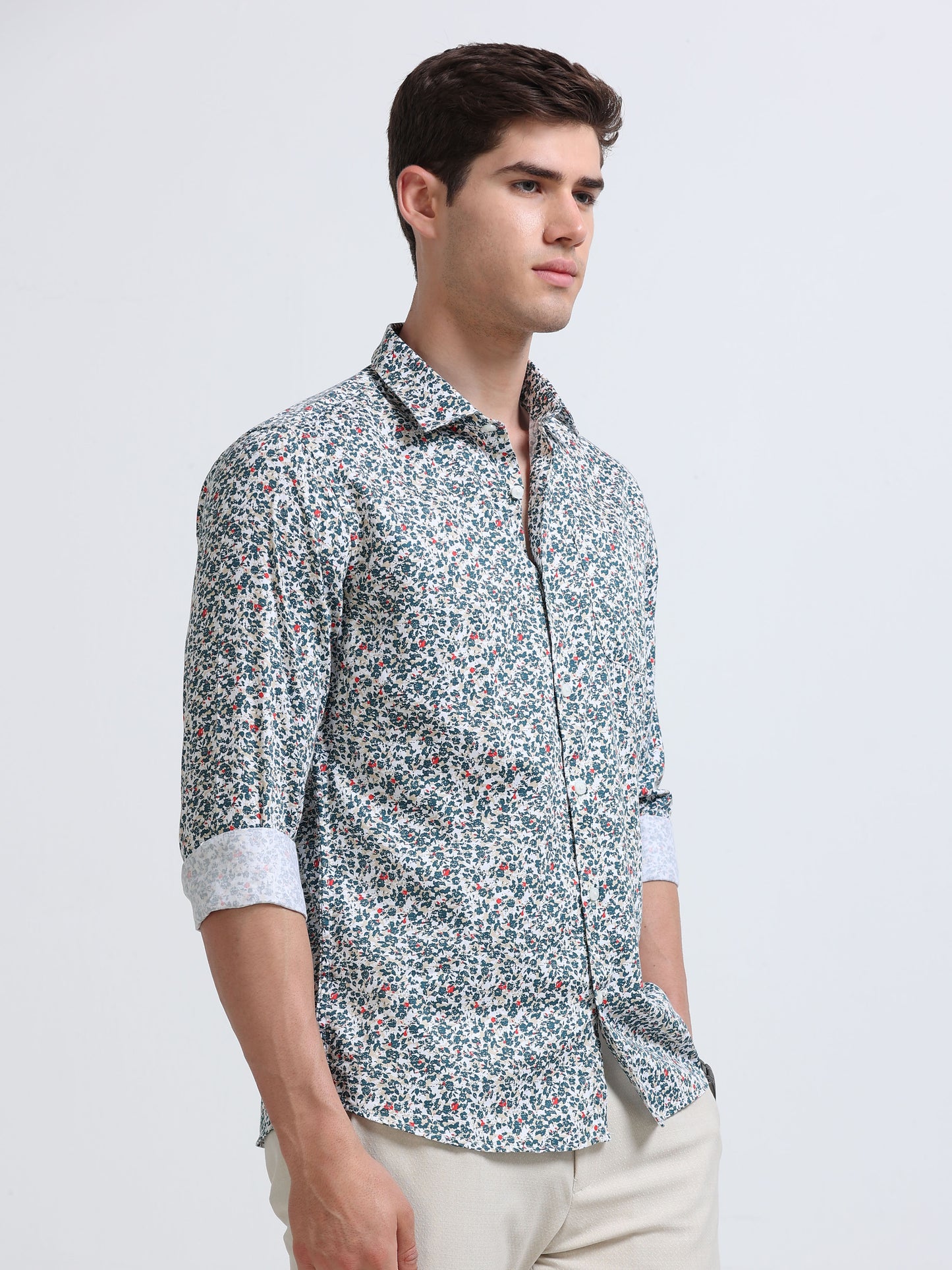 White Ditsy Floral Print Full Sleeve Cotton Shirt