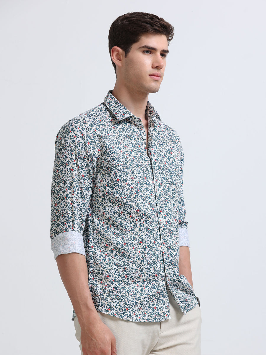 White Ditsy Floral Print Full Sleeve Cotton Shirt