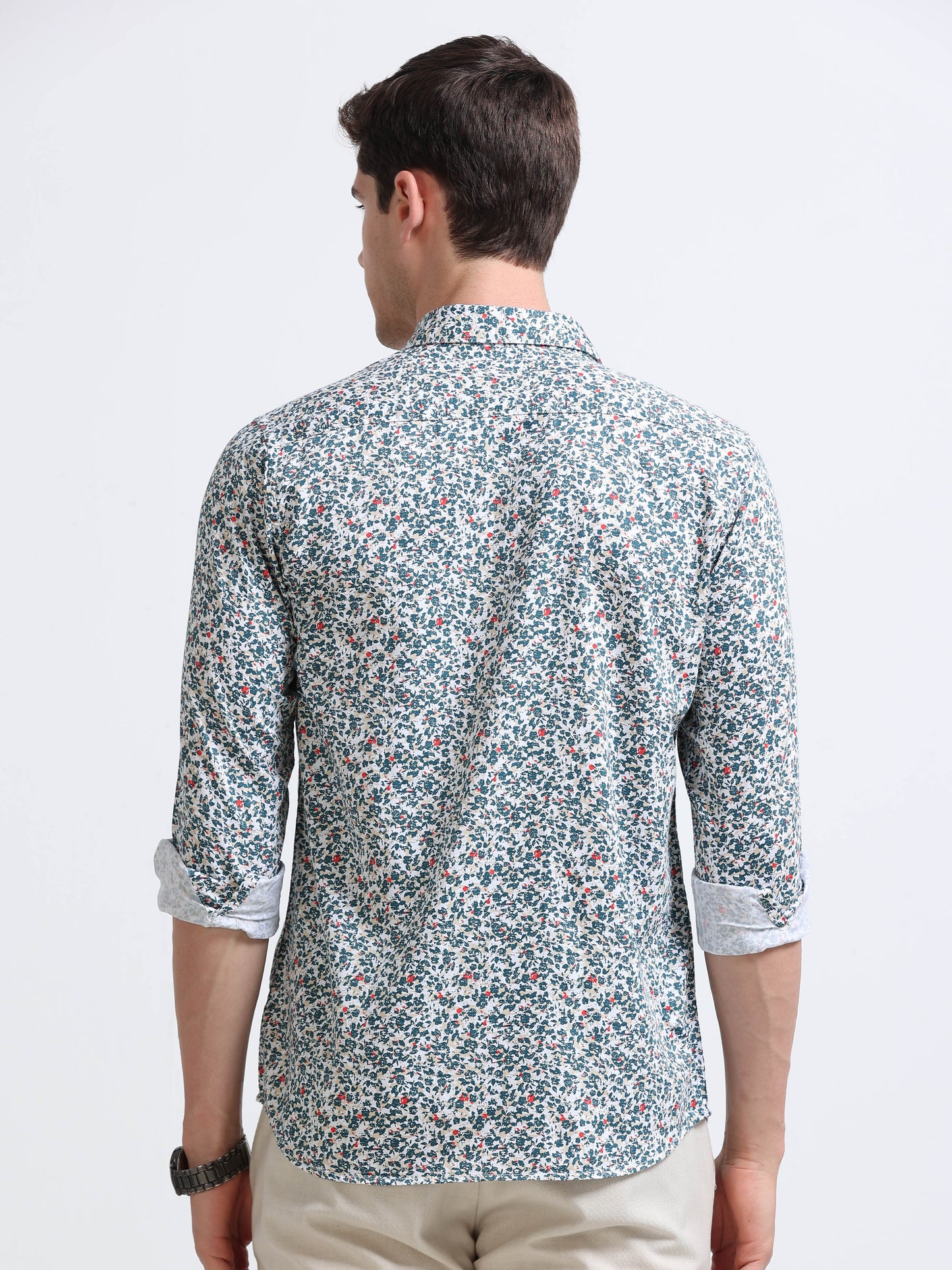 White Ditsy Floral Print Full Sleeve Cotton Shirt