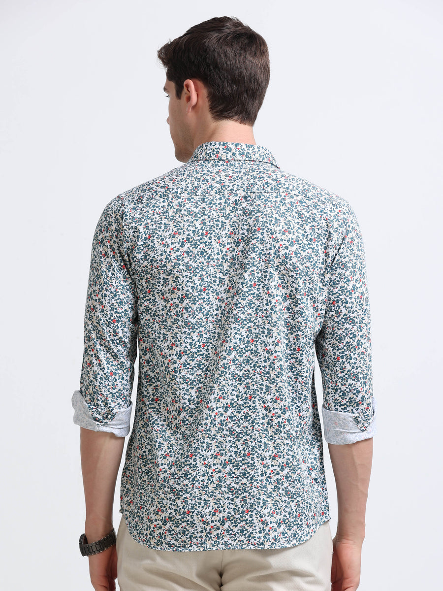 White Ditsy Floral Print Full Sleeve Cotton Shirt
