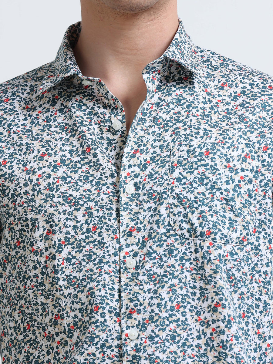 White Ditsy Floral Print Full Sleeve Cotton Shirt