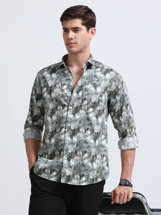Green Print Full Sleeve Cotton Shirt