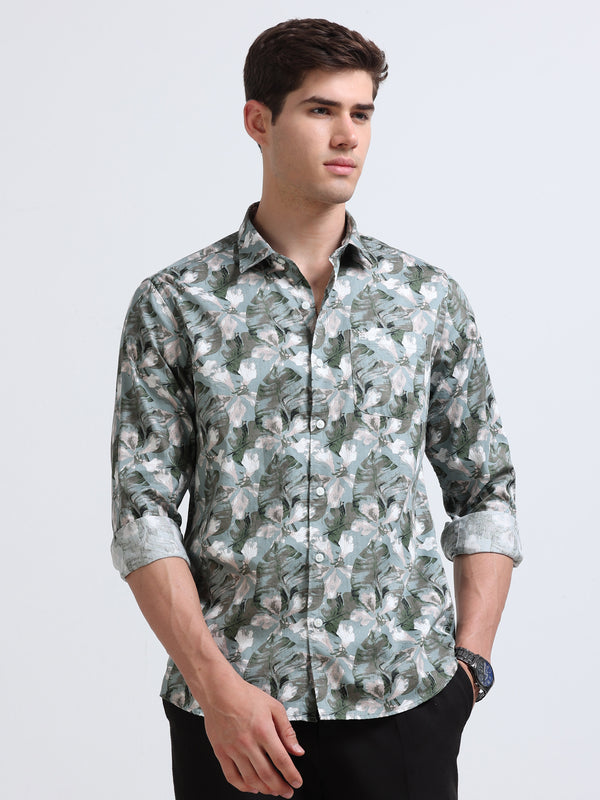 Green Print Full Sleeve Cotton Shirt