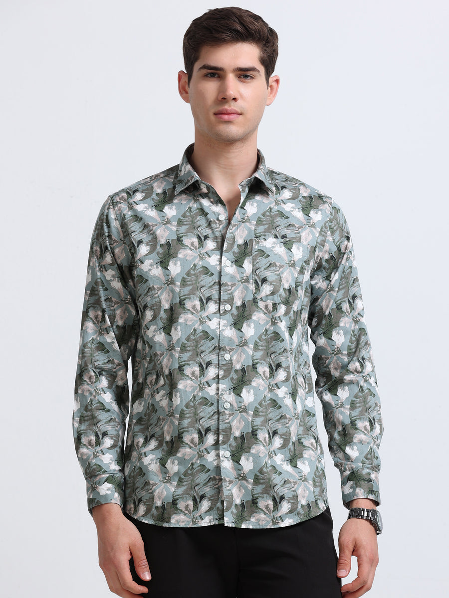 Green Print Full Sleeve Cotton Shirt