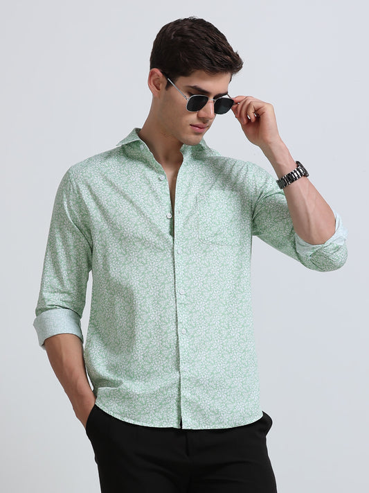 Dark Green Print Full Sleeve Cotton Shirt