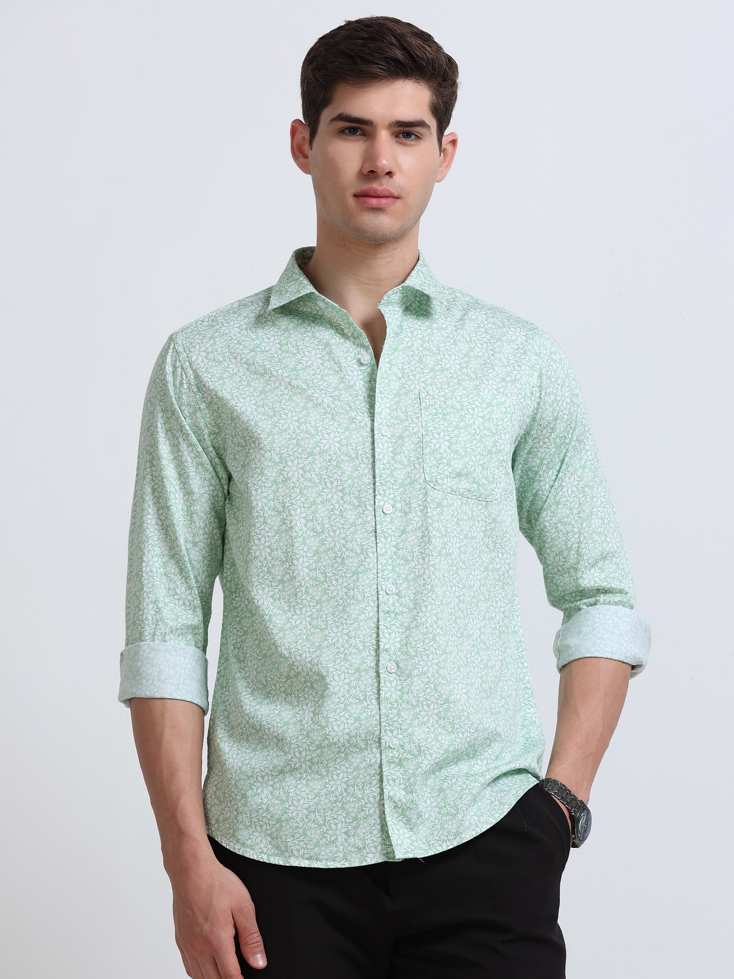 Dark Green Print Full Sleeve Cotton Shirt