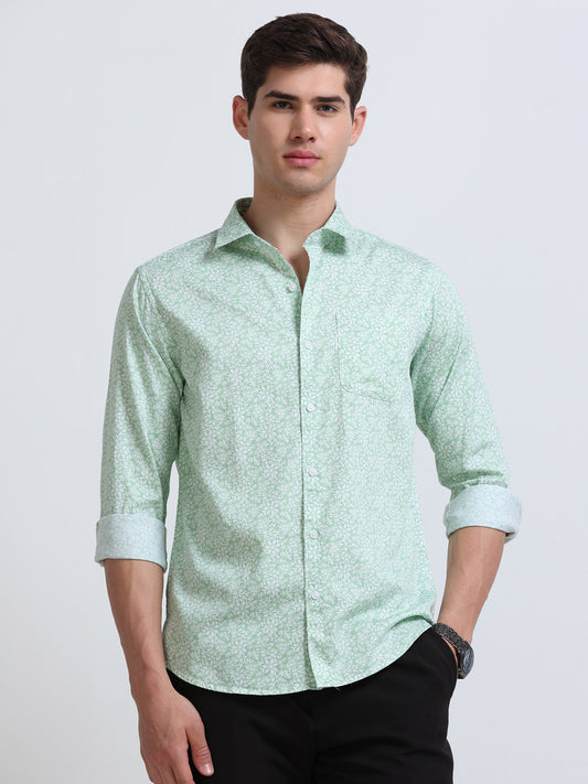 Dark Green Print Full Sleeve Cotton Shirt