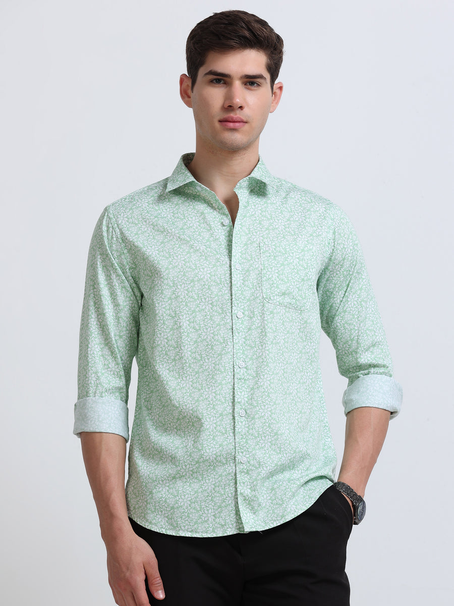 Dark Green Print Full Sleeve Cotton Shirt