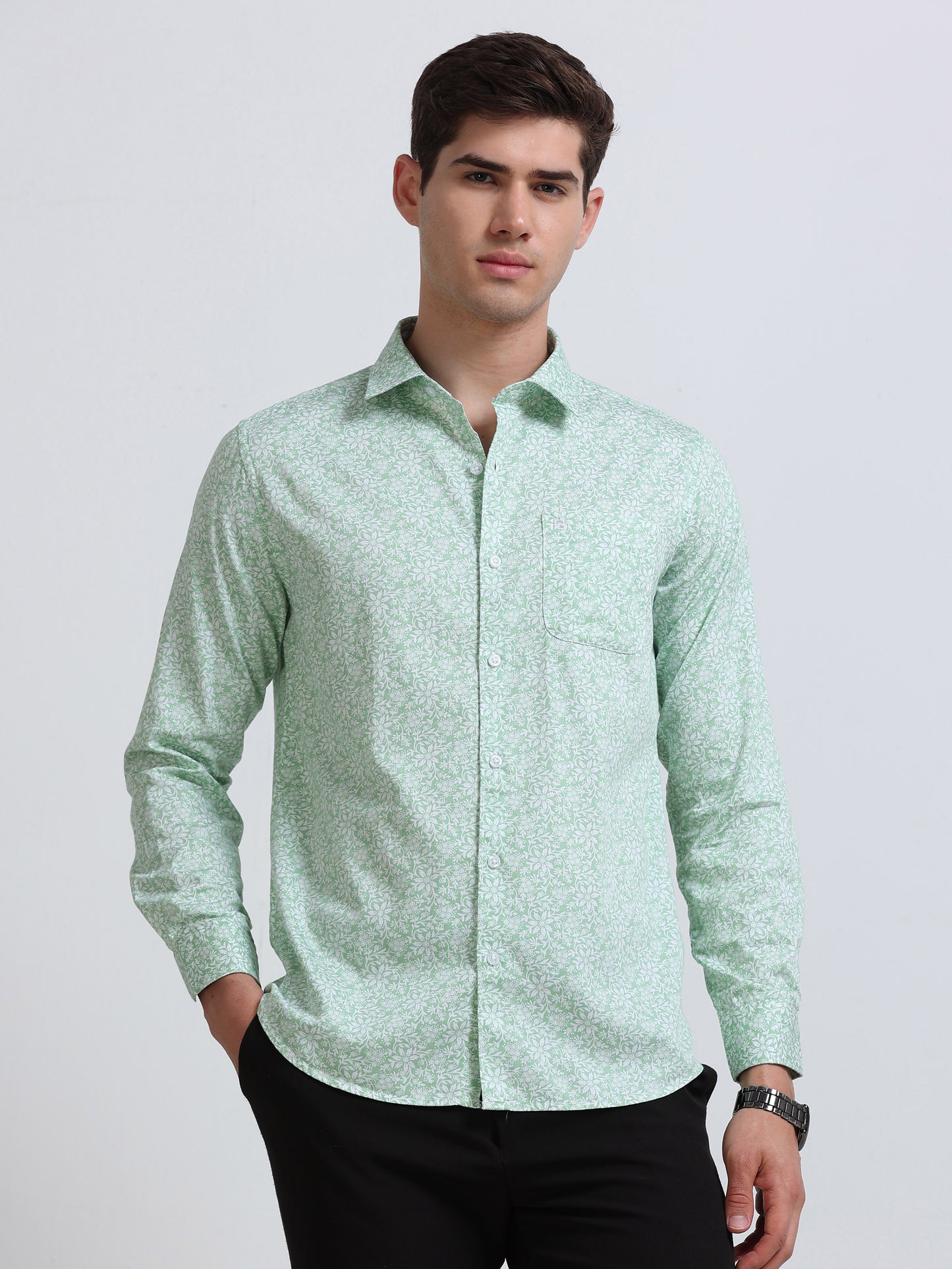 Dark Green Print Full Sleeve Cotton Shirt