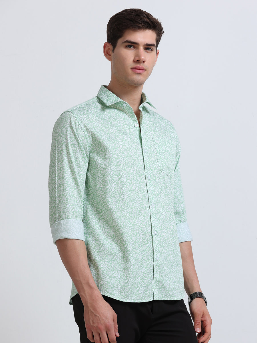 Dark Green Print Full Sleeve Cotton Shirt