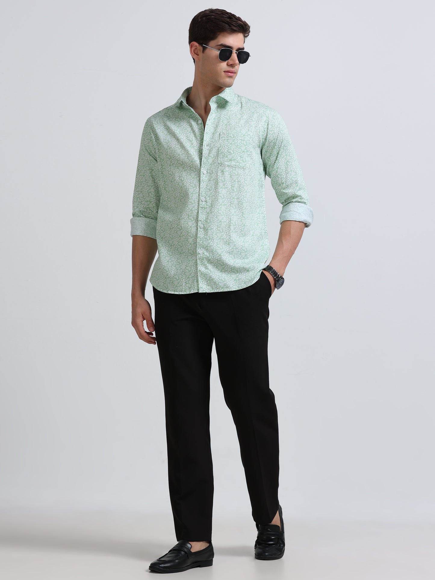 Dark Green Print Full Sleeve Cotton Shirt