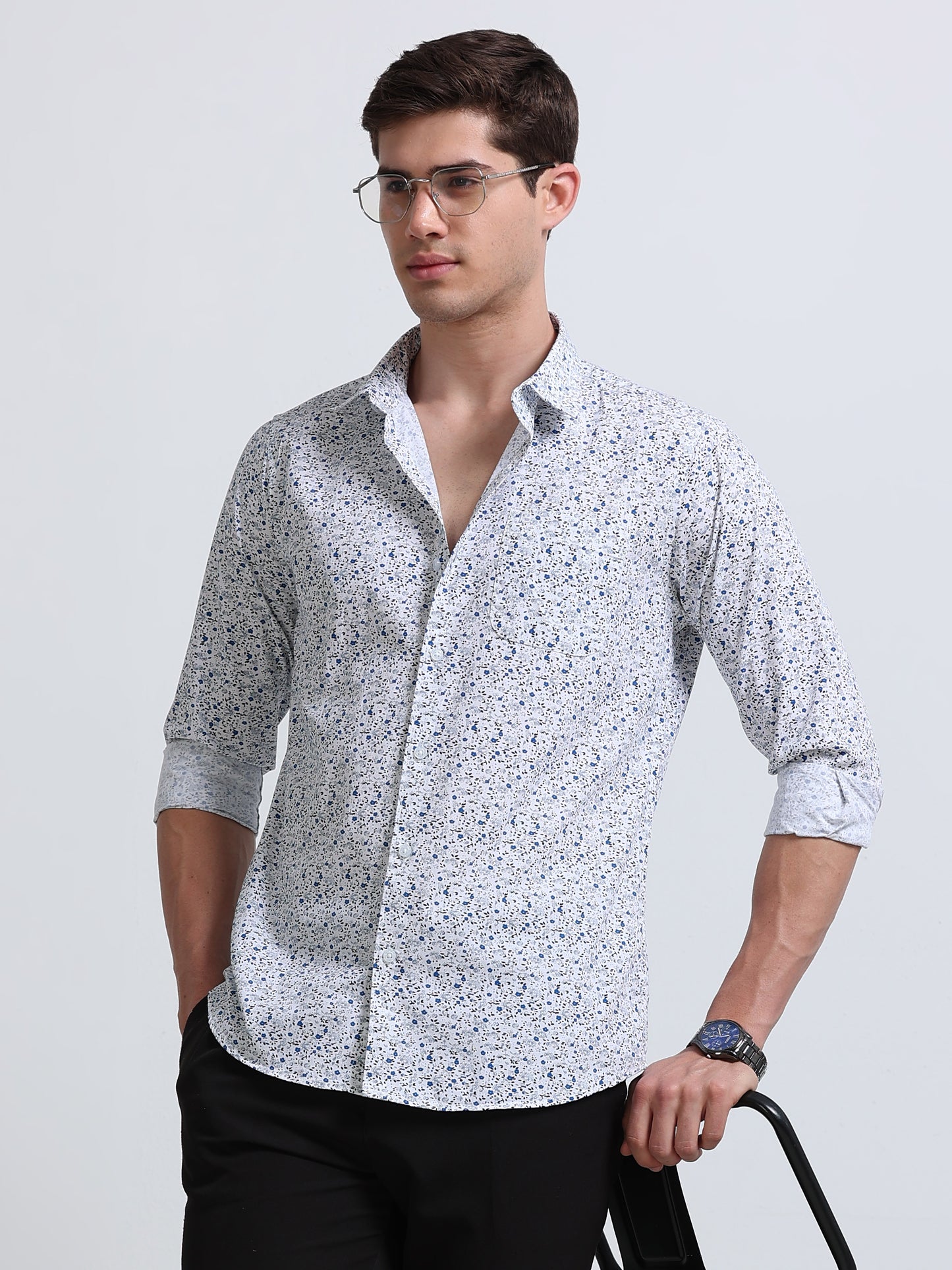 White Print Full Sleeve Cotton Shirt