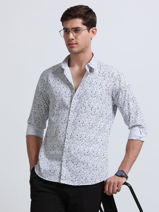 White Print Full Sleeve Cotton Shirt