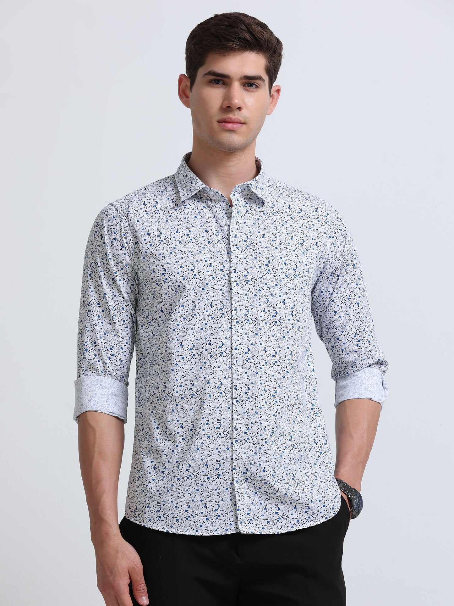 White Print Full Sleeve Cotton Shirt