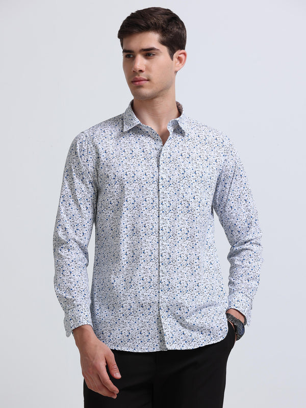 White Print Full Sleeve Cotton Shirt