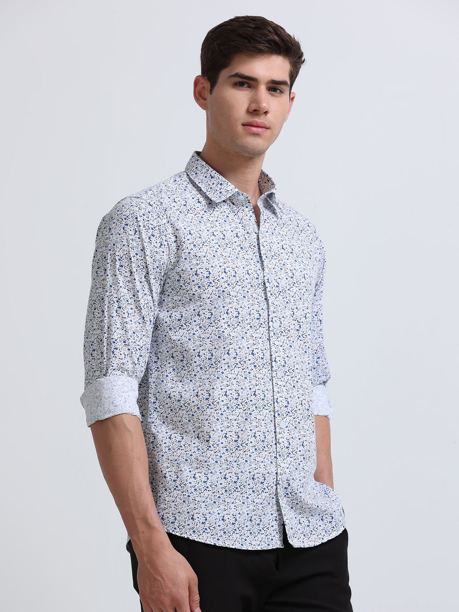 White Print Full Sleeve Cotton Shirt