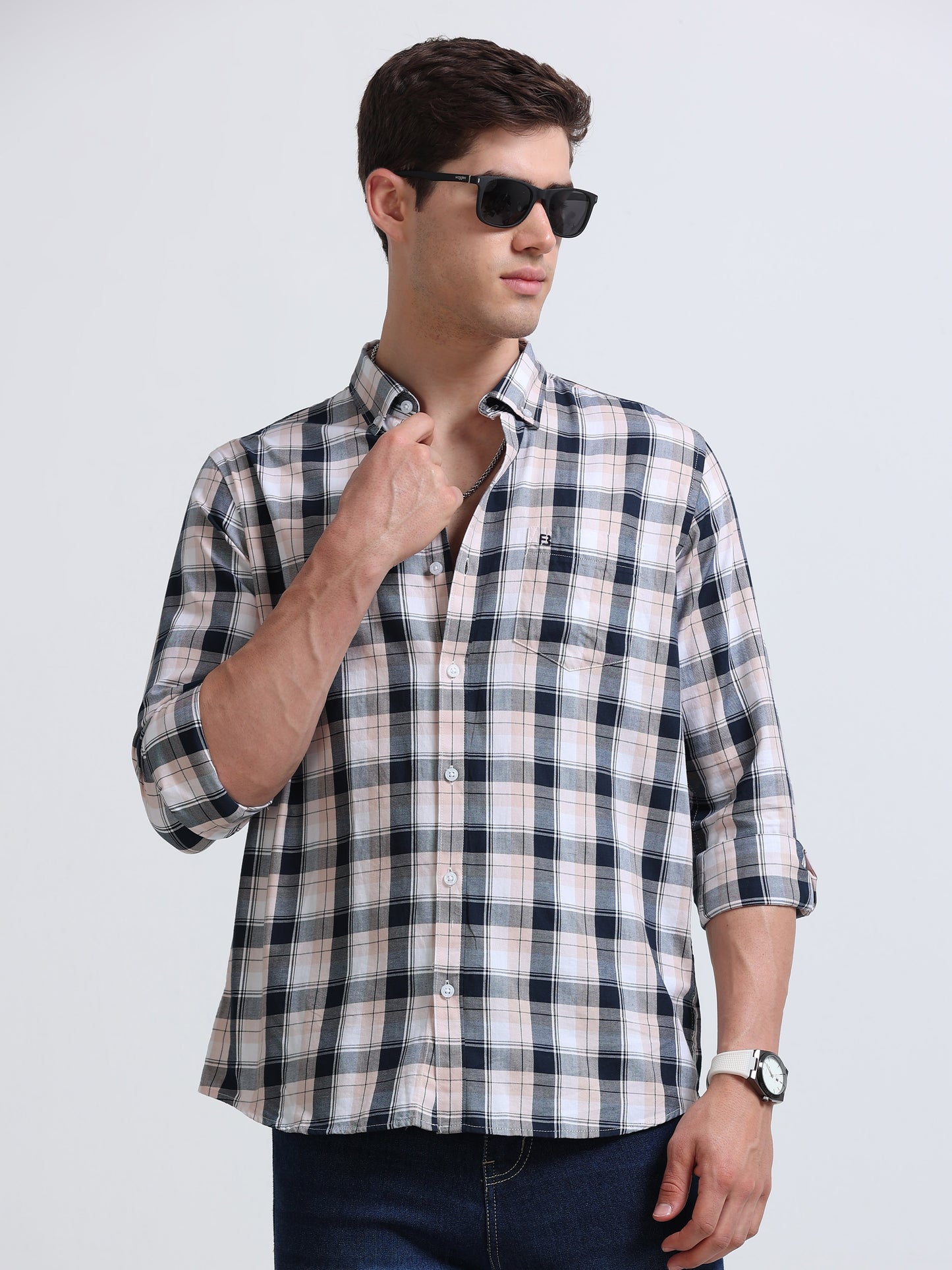 Navy Light Pink Large Check Full Sleeve Cotton Shirt