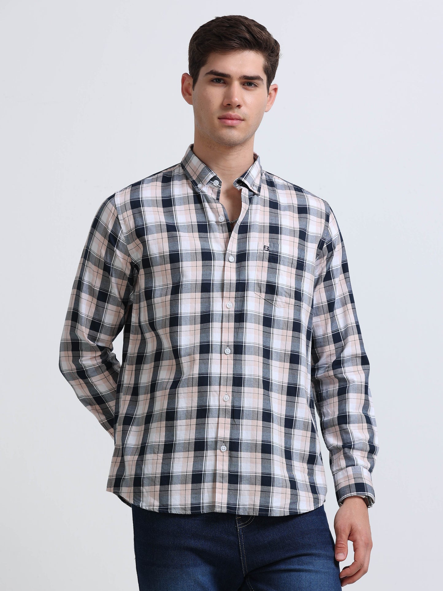 Navy Light Pink Large Check Full Sleeve Cotton Shirt