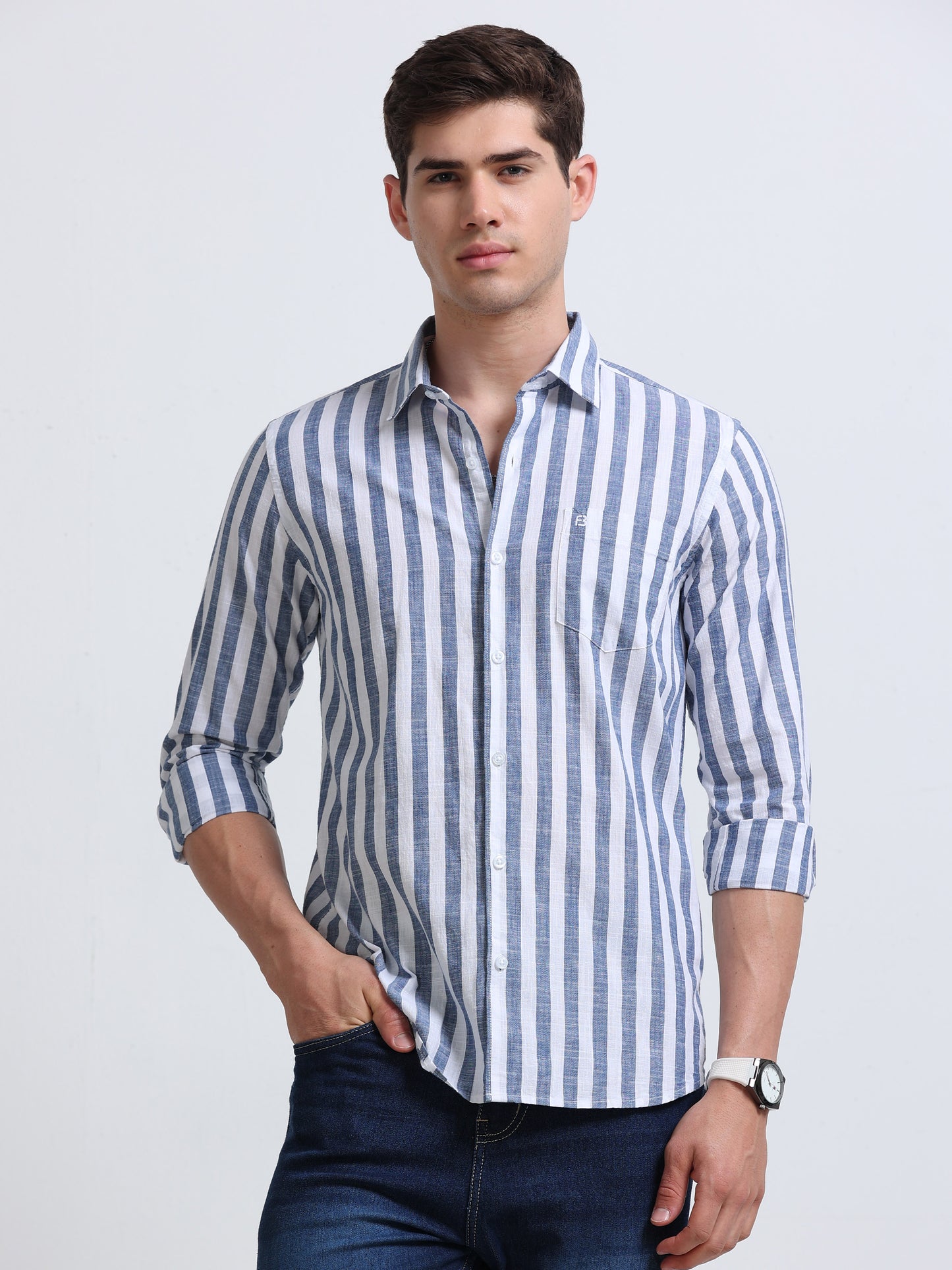 Blue Vertical Stripe Full Sleeve Cotton Shirt