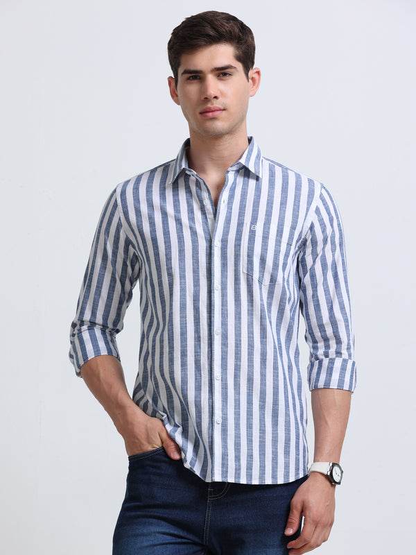 Blue Vertical Stripe Full Sleeve Cotton Shirt