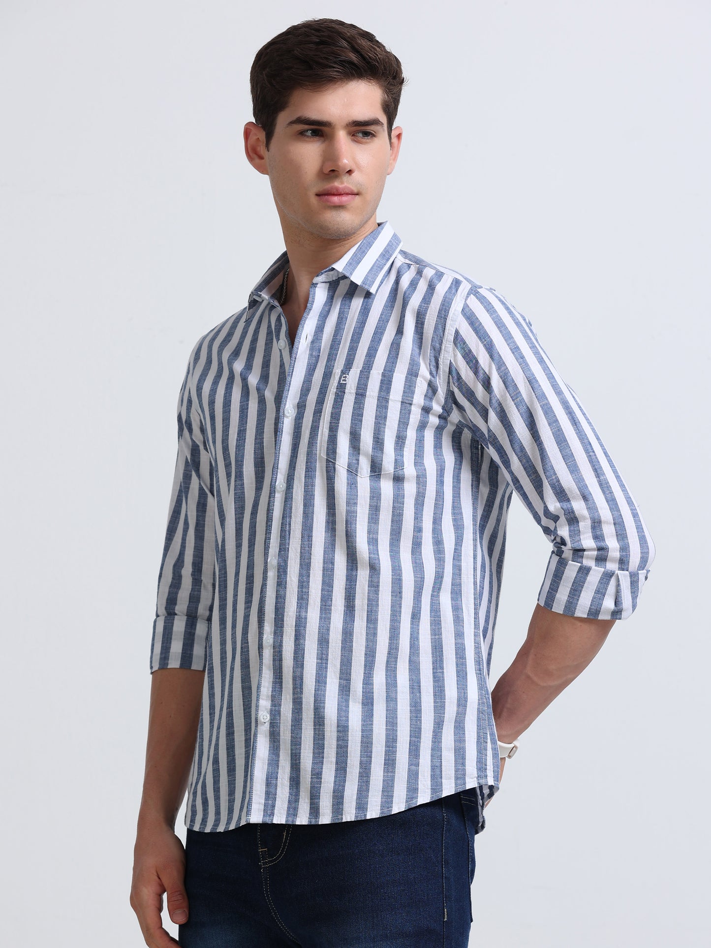 Blue Vertical Stripe Full Sleeve Cotton Shirt