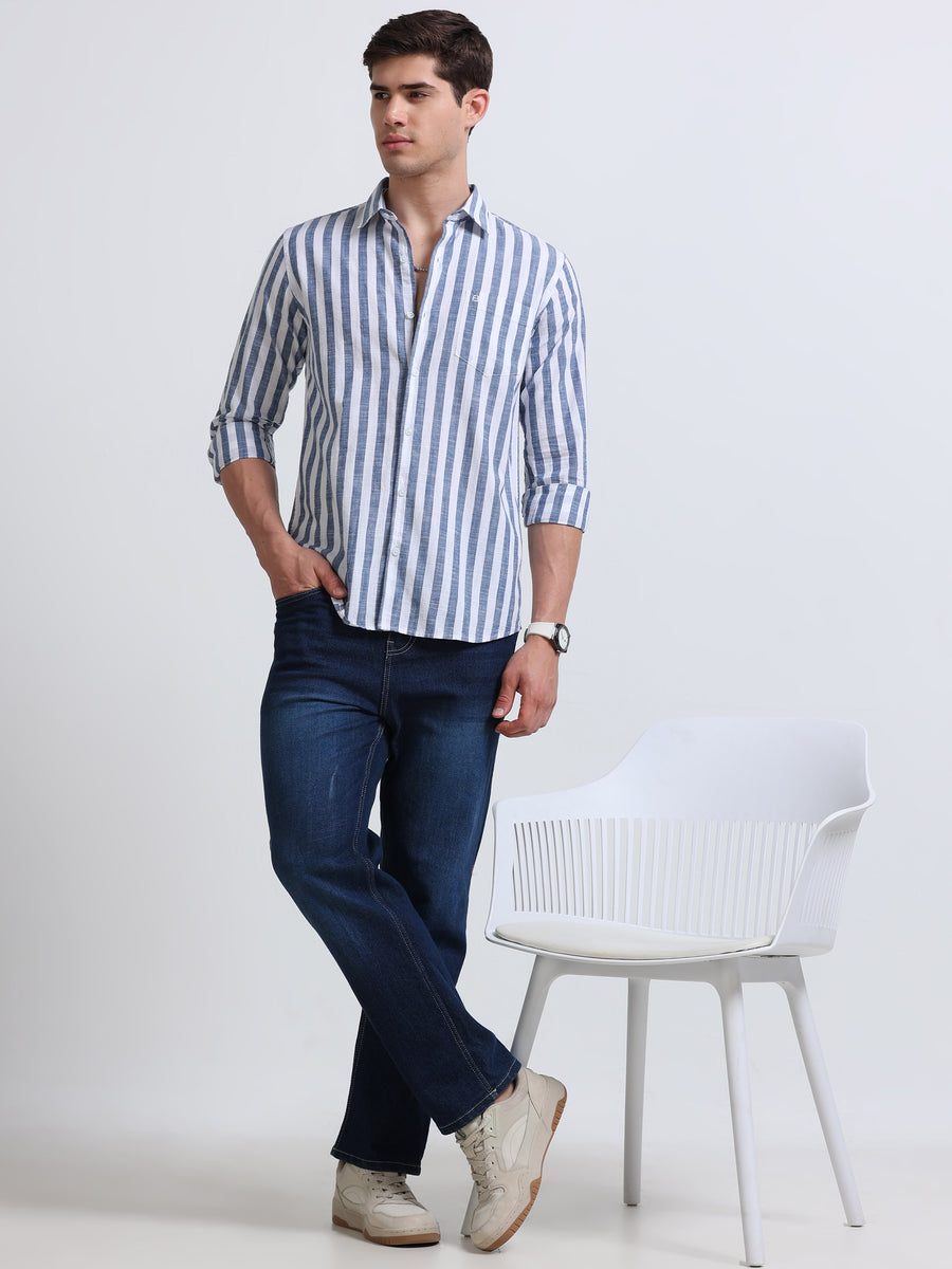 Blue Vertical Stripe Full Sleeve Cotton Shirt