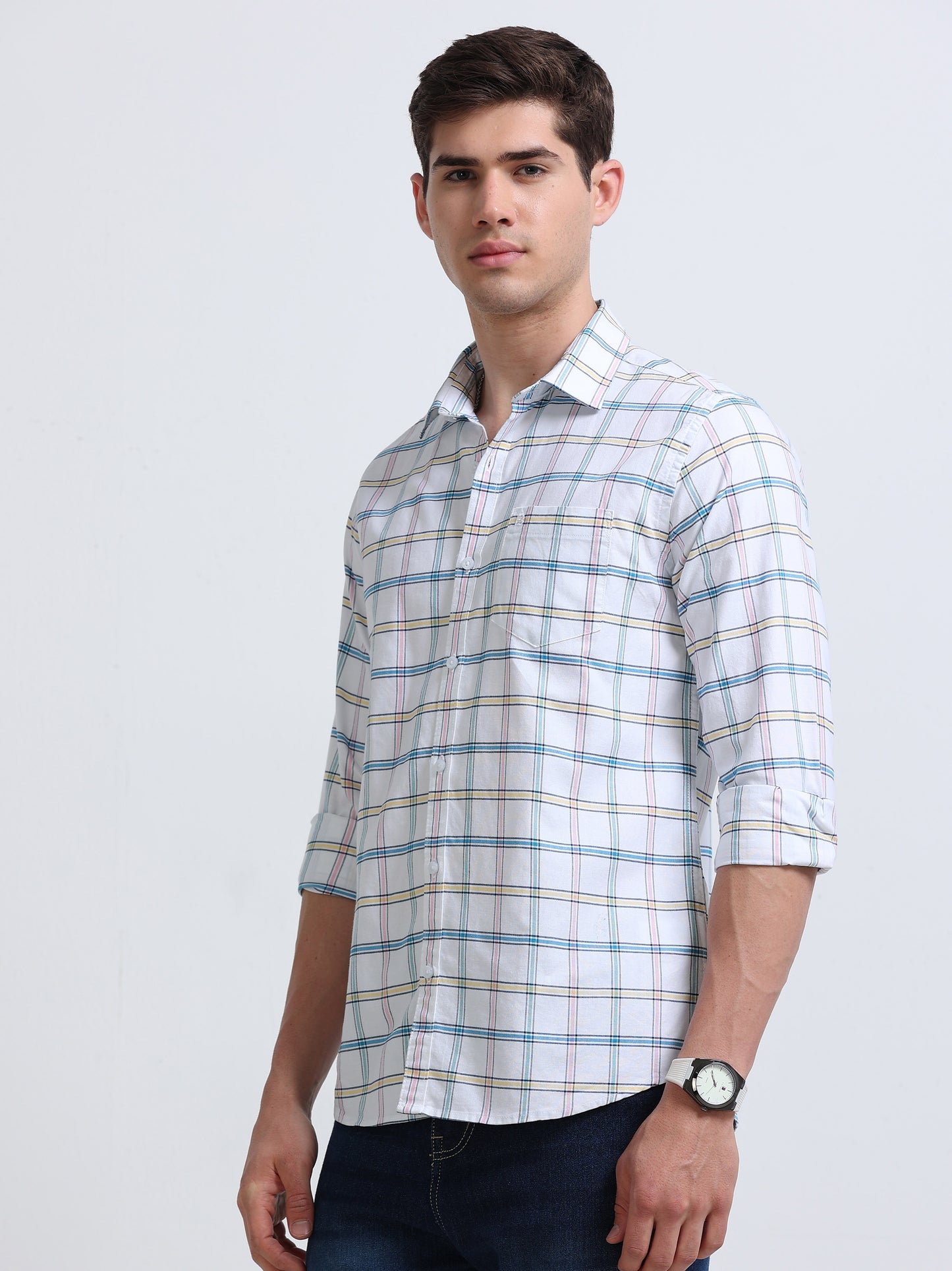 White Multi-Check Full Sleeve Cotton Shirt