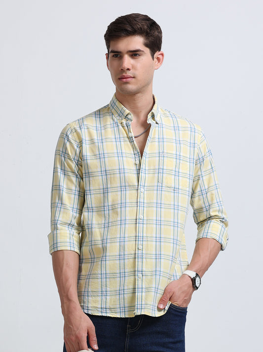 Yellow Blue Large Check Full Sleeve Cotton Shirt