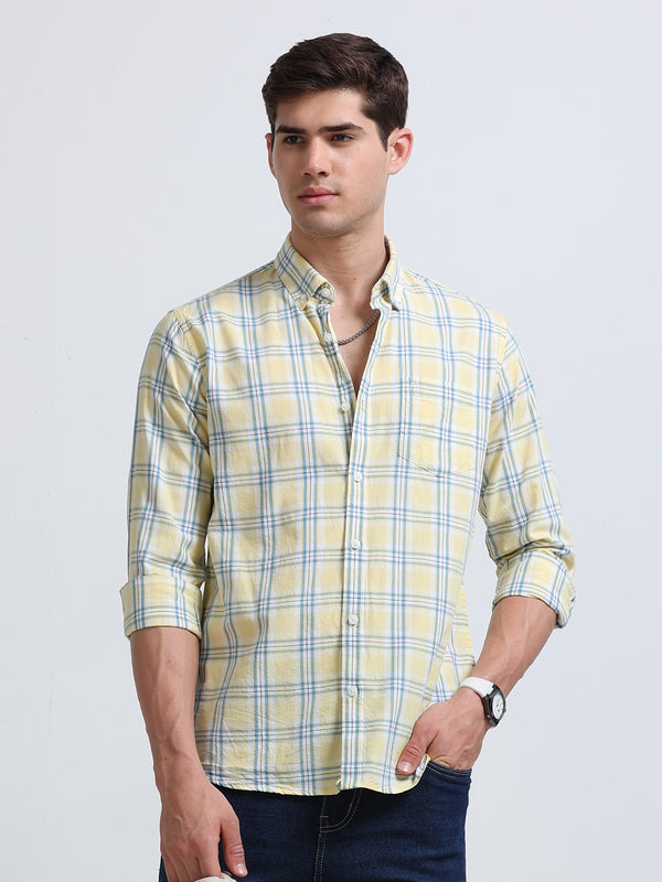 Yellow Blue Large Check Full Sleeve Cotton Shirt