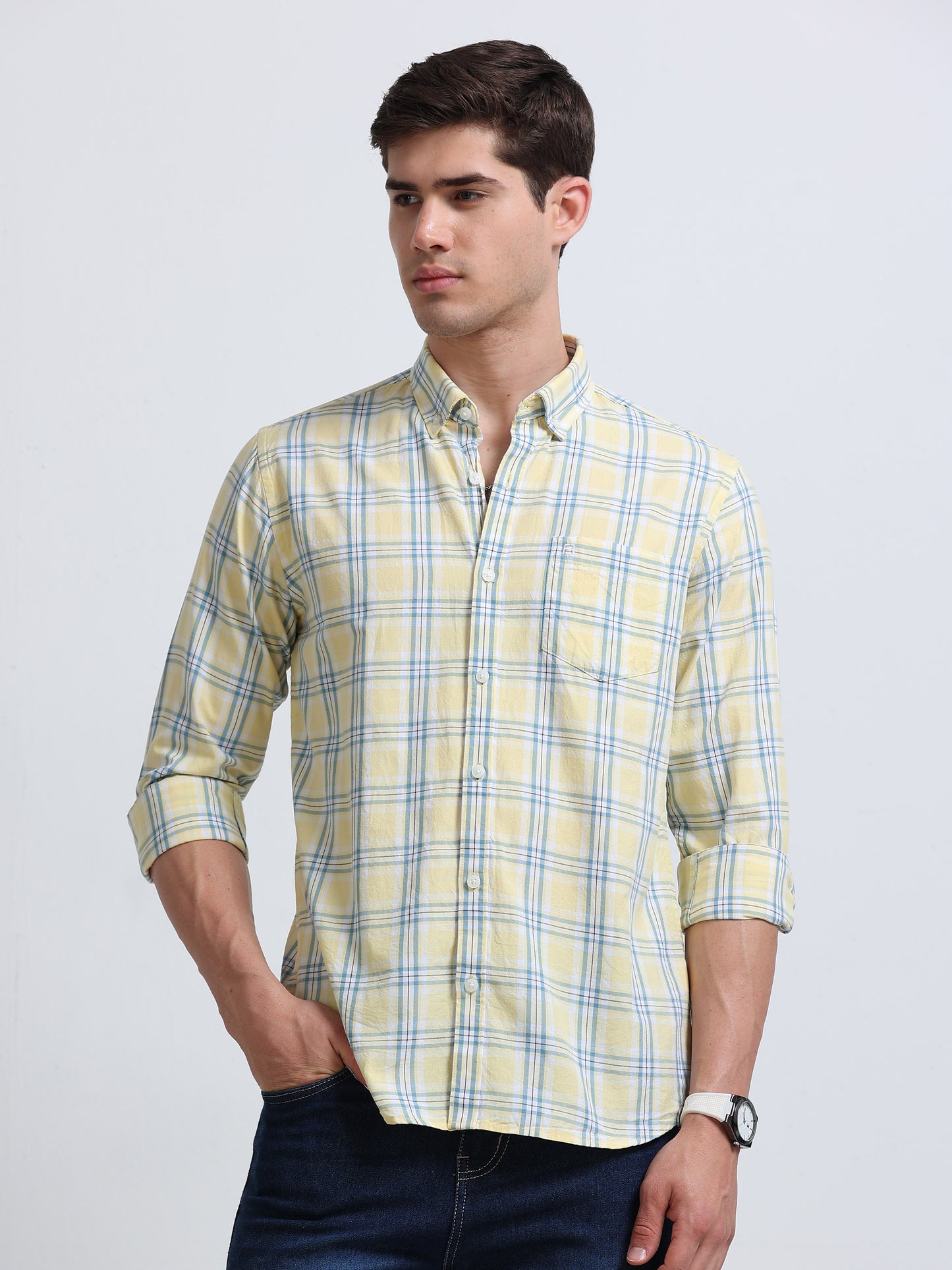 Yellow Blue Large Check Full Sleeve Cotton Shirt