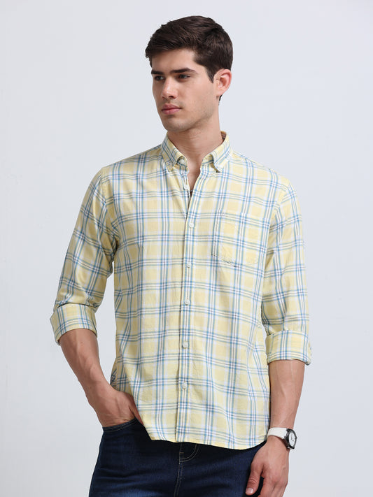 Yellow Blue Large Check Full Sleeve Cotton Shirt